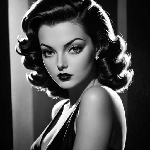 This glamorous black and white portrait features a woman with voluminous, curled hair and striking makeup, gazing directly at the viewer. She's wearing a dark, form-fitting garment and her expression is intense. The lighting creates dramatic highlights on her hair and face, characteristic of classic Hollywood glamour photography.