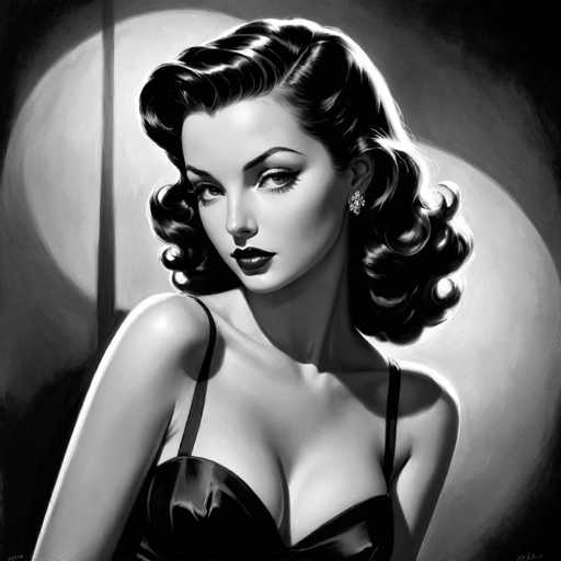 This black and white digital painting features a glamorous woman with voluminous, curled hair and bold makeup, gazing directly at the viewer. She wears a dark, form-fitting dress and elegant earrings. The lighting creates dramatic highlights and shadows, emphasizing her features against a softly illuminated backdrop with a large, circular light source. The art style is reminiscent of vintage pin-up art.