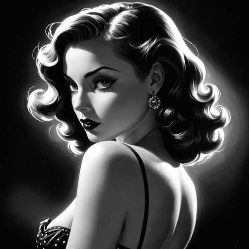 A glamorous, black and white portrait features a woman with voluminous, curled hair and striking makeup. She's positioned in profile, looking over her shoulder with a captivating gaze. The lighting creates a dramatic spotlight effect, highlighting her elegant features and the intricate details of her dress and earring. The art style is reminiscent of vintage glamour photography, emphasizing soft shadows and highlights.