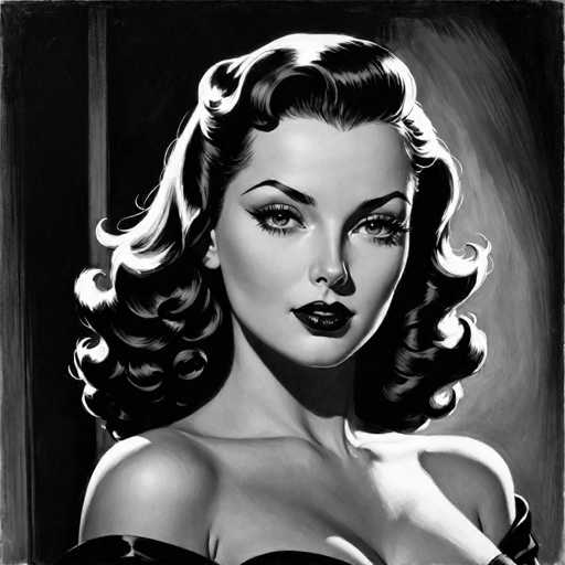 This black and white portrait features a glamorous woman with voluminous, curled hair and bold makeup, gazing directly at the viewer. She's positioned against a dark background with soft highlights emphasizing her face and shoulder, characteristic of a classic mid-20th century art style. The focus is on her expressive eyes and dramatic lighting, creating a captivating, vintage aesthetic.
