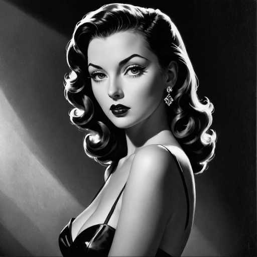 This black and white portrait features a glamorous woman with voluminous, curled hair and dramatic makeup, gazing directly at the viewer. She wears a form-fitting dress and ornate earrings, bathed in soft lighting that creates strong highlights and shadows. The art style evokes a classic Hollywood glamour portrait, reminiscent of mid-20th century photography.