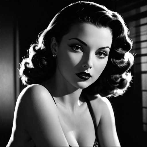 This black and white portrait features a glamorous woman with voluminous, curled hair and striking makeup. She gazes directly at the viewer, her expression intense. The lighting creates dramatic highlights and shadows, emphasizing her elegant features. The composition is classic Hollywood glamour, focusing on a close-up portrait with a strong sense of depth.