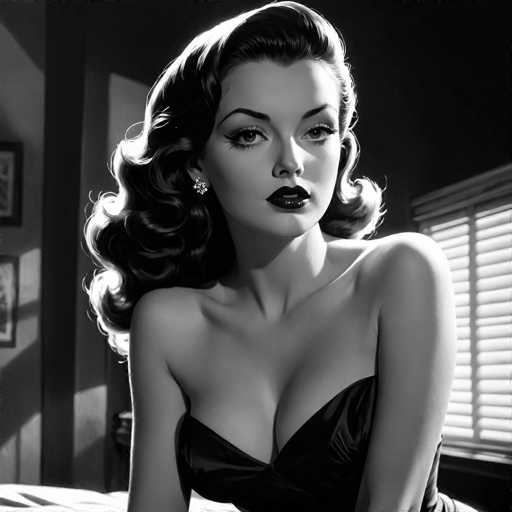 A glamorous, black and white portrait of a woman with voluminous, curled hair and bold makeup dominates the frame. She's wearing a strapless dress and wears a sparkling earring, her gaze direct and captivating. The lighting creates dramatic highlights and shadows, characteristic of vintage glamour photography.