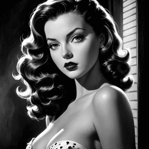 The image is a black and white portrait of a woman with long hair styled in loose curls. She has striking red lipstick on her lips and is wearing a white dress with black polka dots. The background features a brick wall and a window, creating an urban setting for the scene.