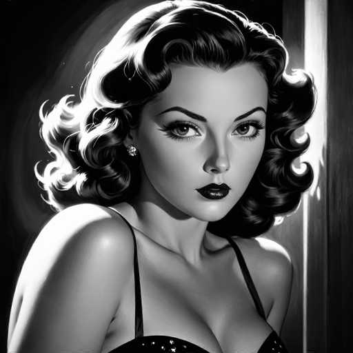This black and white portrait features a glamorous woman with voluminous, curled hair and bold makeup, gazing directly at the viewer. She wears a dark, low-cut top and a sparkling earring. The lighting creates dramatic highlights and shadows, characteristic of a vintage Hollywood glamour style.