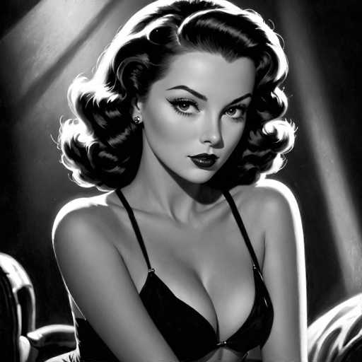 This black and white portrait features a glamorous woman with voluminous, curled hair and bold makeup, seated in an ornate chair. Dramatic lighting casts strong shadows, emphasizing her elegant pose and intense gaze. The art style evokes a vintage Hollywood glamour aesthetic, reminiscent of classic pin-up photography.