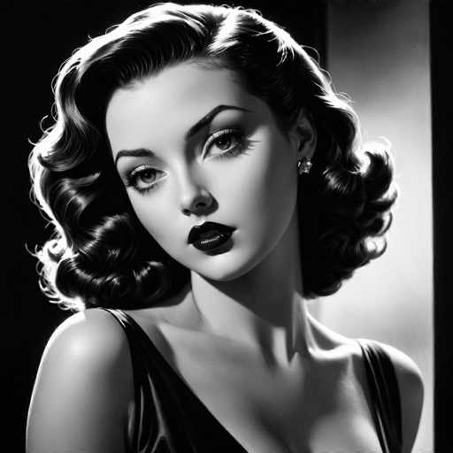 This black and white portrait features a glamorous woman with voluminous, curled hair and bold makeup. She gazes directly at the viewer, her expression enigmatic. The lighting creates dramatic highlights and shadows, characteristic of a classic Hollywood glamour portrait style.