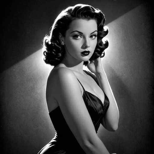 This black and white portrait features a glamorous woman in a vintage dress, bathed in dramatic spotlight. She gazes directly at the viewer with a captivating expression, her curled hair and dark lipstick adding to the classic Hollywood aesthetic. The lighting creates strong contrasts, emphasizing her elegant pose and sophisticated style.