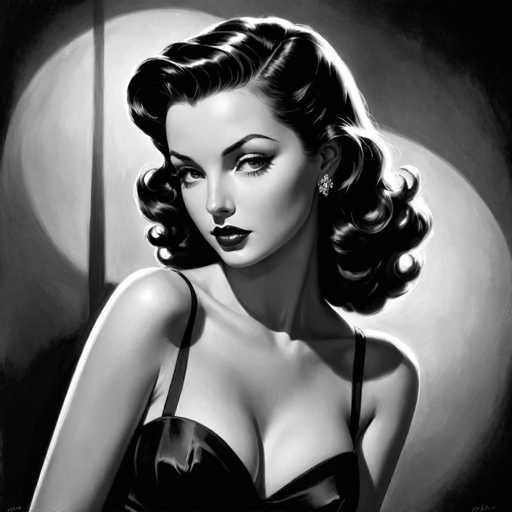 The image is a black and white portrait of a woman with long hair styled in loose curls. She is wearing a corset that accentuates her figure. The background features a large circular light source, which casts a shadow on the woman's face, adding depth to the composition.