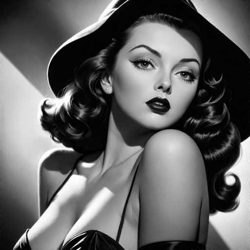 A glamorous, vintage-style portrait in black and white features a woman with voluminous, curled hair and a wide-brimmed hat. She gazes directly at the viewer with bold, defined makeup. The lighting creates dramatic highlights and shadows, emphasizing her elegant pose and the art deco aesthetic of the image.