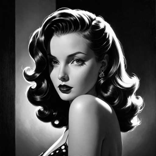 A glamorous, black and white portrait features a woman with voluminous, curled hair and bold makeup. She gazes directly at the viewer, her elegant features highlighted by dramatic lighting. The art style evokes a vintage Hollywood glamour aesthetic, reminiscent of mid-20th century photography.