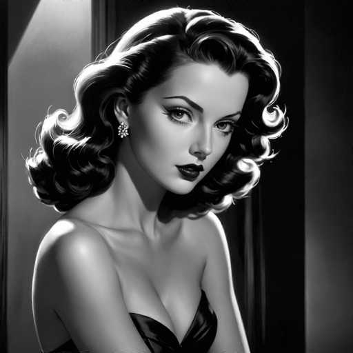 This black and white portrait features a glamorous woman with voluminous, curled hair and striking makeup, gazing directly at the viewer. She wears a strapless black dress and a sparkling earring. The lighting creates dramatic highlights, emphasizing her elegant features. The art style evokes a classic Hollywood glamour aesthetic.