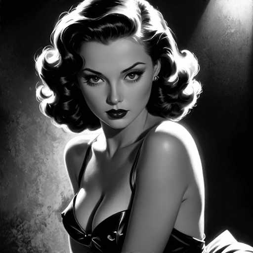 The image is a black and white portrait of a glamorous woman with voluminous, curled hair, wearing a form-fitting, dark garment. She gazes directly at the viewer with intense eyes, bathed in a dramatic spotlight effect. The art style is reminiscent of vintage Hollywood glamour photography, emphasizing soft lighting and a focus on the subject's captivating expression.