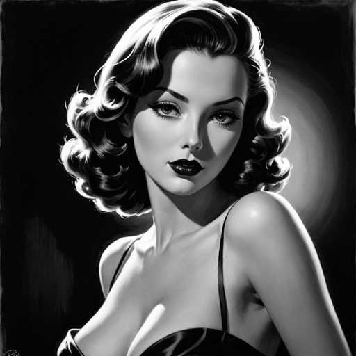 This black and white portrait features a glamorous woman with voluminous, curly hair and bold makeup. She's positioned in the center, her gaze directed towards the viewer with a captivating intensity. The lighting creates dramatic highlights and shadows, characteristic of a classic Hollywood glamour style.