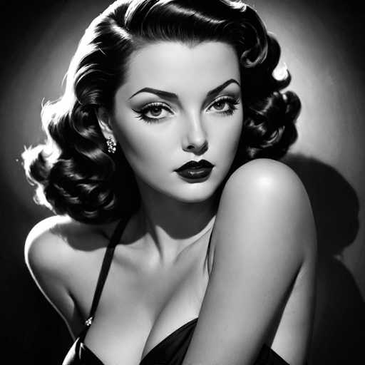 A woman with long dark hair is captured in a striking black and white portrait against a stark white background. She wears a simple yet elegant black dress that contrasts with the monochrome setting. The woman's gaze is directed off to the side, adding an air of mystery to her persona.