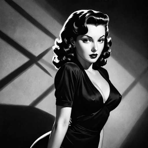 A glamorous, vintage-style portrait of a woman in a black dress dominates the frame. She's positioned against a stark, shadowed backdrop with strong geometric light patterns. The art style is reminiscent of mid-20th century fashion illustrations, emphasizing dramatic lighting and a focus on the subject's elegant form.