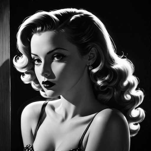 This black and white portrait features a glamorous woman with voluminous, curled hair and dark lipstick, gazing intently. She's positioned against a dark background, with dramatic lighting highlighting her face and hair. The art style evokes a classic Hollywood glamour portrait, reminiscent of mid-20th century photography.