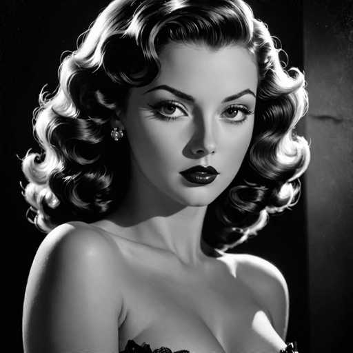 This black and white portrait features a glamorous woman with voluminous, curled hair and bold makeup, likely in a vintage Hollywood style. She's positioned centrally, her gaze direct and captivating. The lighting creates dramatic highlights on her face and hair, emphasizing a classic, stylized aesthetic.