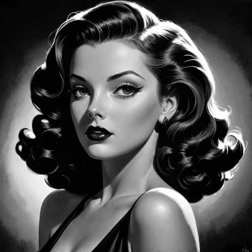 This black and white portrait features a glamorous woman with voluminous, curly hair styled in a classic Hollywood fashion. She gazes directly at the viewer with bold, dark makeup and a striking expression. The lighting creates dramatic highlights on her face and hair, emphasizing the soft shadows and a vintage aesthetic.