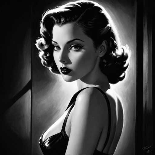 This black and white digital painting features a glamorous woman in a classic Hollywood style, with voluminous, curled hair and bold makeup. She's positioned in profile, looking over her shoulder, with a dramatic lighting that highlights her features. The spatial relationship is intimate, drawing the viewer into her gaze.