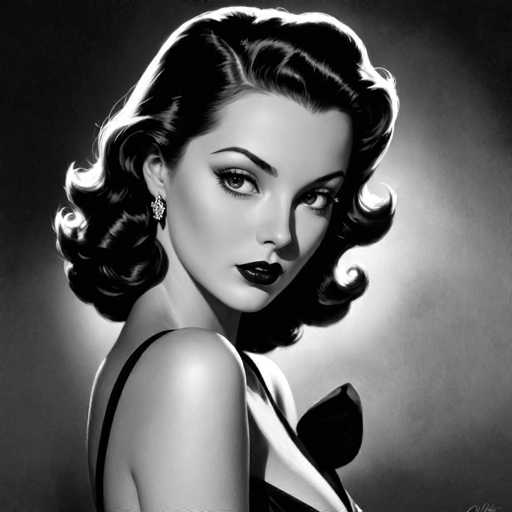 This black and white portrait features a glamorous woman with voluminous, curled hair and striking makeup, gazing directly at the viewer. She's wearing a dark, form-fitting garment with a prominent bow detail. The lighting highlights her face and hair, creating a classic Hollywood glamour aesthetic reminiscent of mid-20th century portraiture.
