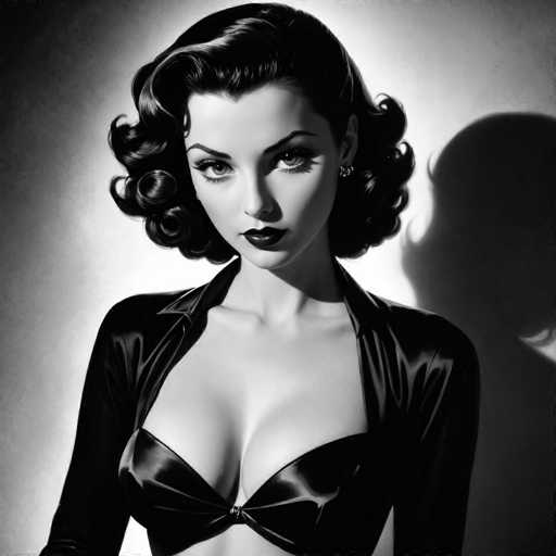 This black and white portrait features a glamorous woman with a dramatic, stylized aesthetic. She's the central focus, her gaze intense and direct. The art style evokes a vintage Hollywood glamour, with soft lighting creating strong shadows and emphasizing her elegant, curled hairstyle and form-fitting attire.