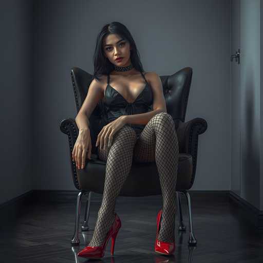 A woman is seated on a black leather chair with red high heels and fishnet stockings. She has her hands resting on the armrests of the chair. The background features a gray wall and a door in the corner.
