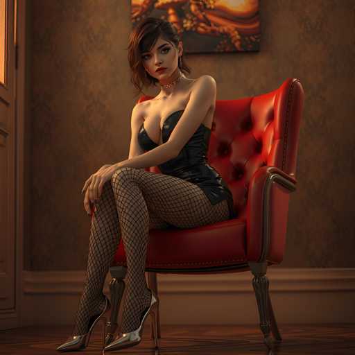 A woman is seated on an ornate red chair with a gold frame and plush upholstery. She is wearing a black dress that features fishnet stockings and high heels. The room has a beige wall with a painting above the chair, and a wooden floor beneath her feet.