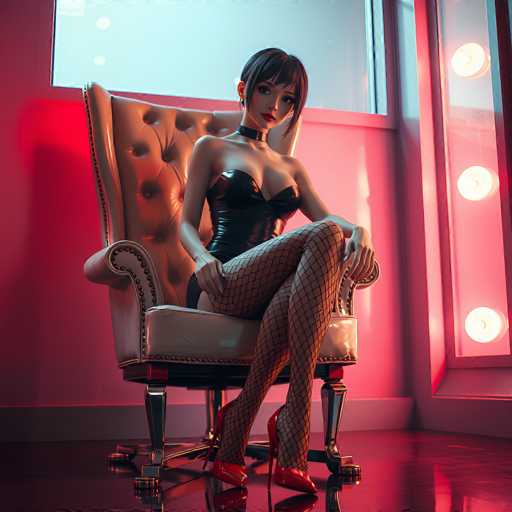A woman in a black leather outfit sits elegantly in a plush, tufted chair bathed in vibrant red lighting. She wears fishnet stockings and high heels, gazing directly at the viewer with a confident expression. The scene is rendered in a stylized, digital art style with a focus on dramatic lighting and reflections, creating a sensual and modern atmosphere.