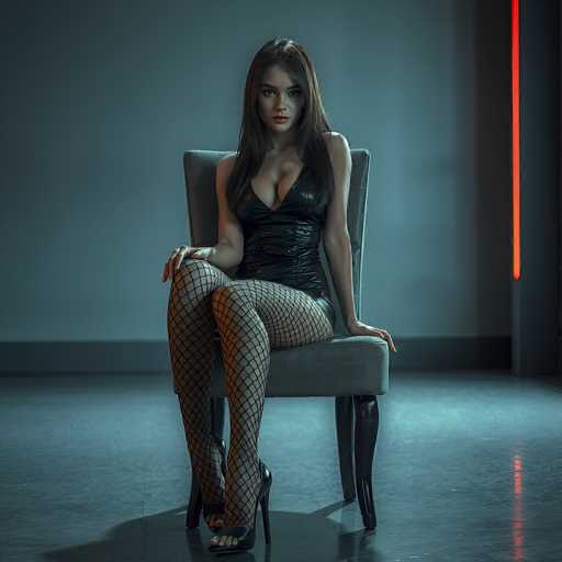 A woman in a black leather dress and fishnet stockings sits elegantly on a gray chair, facing the viewer. The dimly lit room features a cool blue backdrop and a reflective floor, creating a modern, slightly dramatic atmosphere. The focus is on the woman's confident pose and direct gaze.