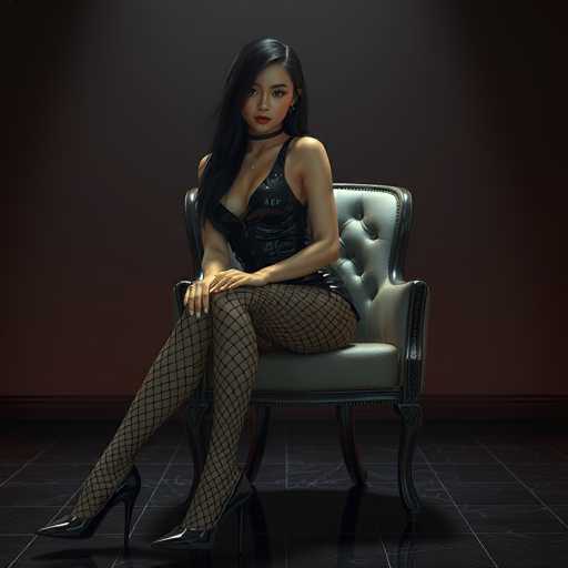 A woman with long black hair sits in a luxurious, tufted armchair, wearing a black leather dress and fishnet stockings. She gazes directly at the viewer with a serious expression, her hands resting on her lap. The dark, moody lighting and polished floor create an intimate, stylish atmosphere.