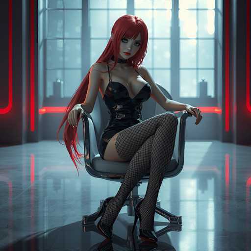 A stylish, anime-inspired woman with vibrant red hair sits in a modern office chair, gazing confidently. The scene is bathed in cool, neon lighting, with a sleek, futuristic aesthetic emphasized by the reflective floor. The focus is on her poised posture and intense gaze, creating a captivating portrait within a minimalist setting.