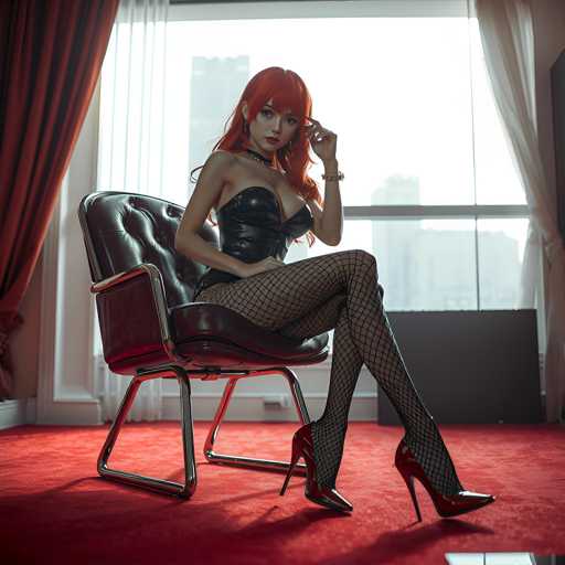 A woman with red hair and a black dress is sitting on a red carpeted floor in front of a window that offers a view of the city skyline. She is wearing high heels and has her hand resting on her hip.