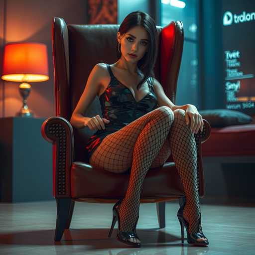 A woman is seated on a brown leather chair with her legs crossed and wearing black fishnet stockings and high heels. She has dark hair styled in loose waves and is looking directly at the camera. The background features a window with a red curtain that casts a warm glow into the room, creating an intimate atmosphere.