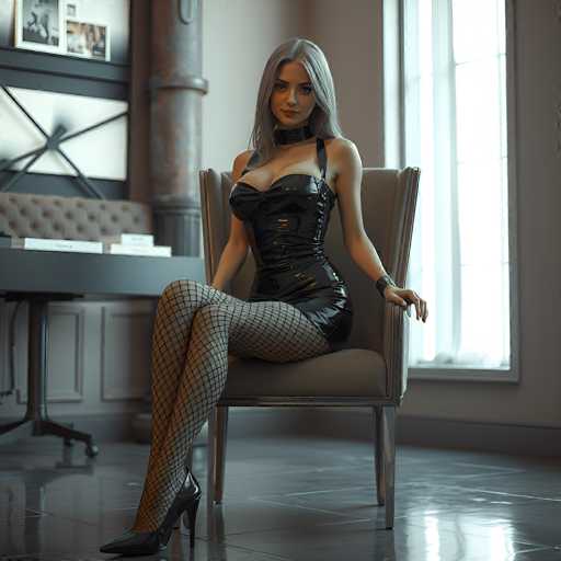 A stylish woman in a black leather dress and fishnet stockings sits in a modern office chair, posing confidently. The scene is set in a dimly lit room with a dark desk and framed artwork on the wall, creating a sophisticated and slightly edgy atmosphere. The art style is realistic with a focus on detail and lighting.