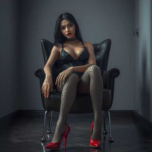 A woman in a black leather outfit and fishnet stockings sits in a dark, plush armchair. She wears a choker and red high heels, looking directly at the viewer with a serious expression. The lighting is dramatic, highlighting her pose and creating a moody atmosphere in the dimly lit room with dark wooden floors. The style is a blend of fashion photography and digital art, emphasizing a sensual and intimate portrait.