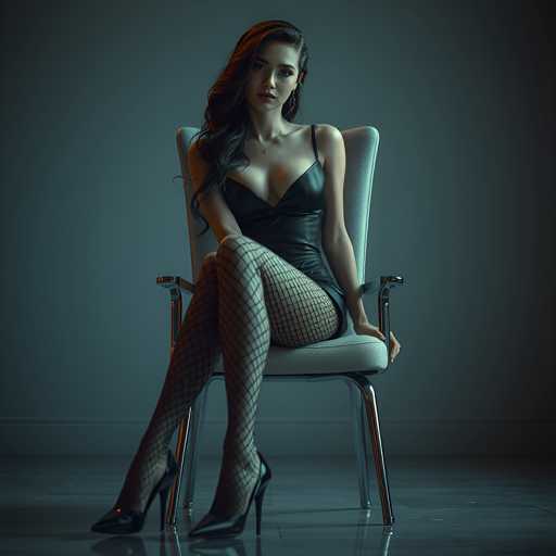 A woman is seated on a chair with her legs crossed and wearing a black dress that features fishnet stockings. She has dark hair styled in loose waves and is looking directly at the camera. The background is a dark blue color, which contrasts with the white floor beneath her feet.