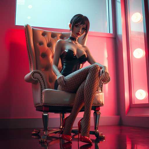 A woman is seated on an ornate chair with a red cushion and gold accents, wearing a black strapless dress and high heels. The room has pink walls and a window that reflects the light from three spotlights in the background.