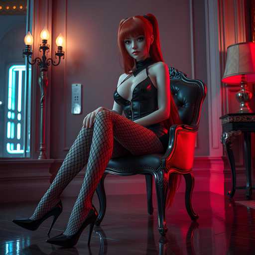 A woman with red hair and a black dress is seated on an ornate chair in a dimly lit room. The room features a chandelier hanging from the ceiling and a lamp next to it. A mirror is mounted on the wall above the chair.