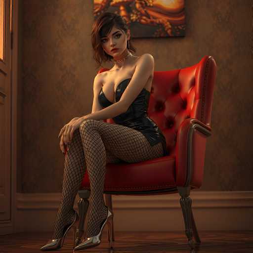 A woman in a black leather dress and fishnet stockings sits elegantly in a red armchair, posing confidently. The room has a warm, vintage aesthetic with patterned wallpaper and a framed painting on the wall. The lighting is soft, highlighting her pose and attire in a detailed, realistic 3D rendering style.