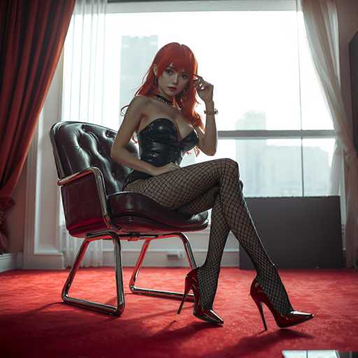 A woman with vibrant red hair sits in a luxurious, black leather chair on a plush red carpet. She's wearing a black corset top, fishnet stockings, and high-heeled boots. Her pose is confident and alluring, with one hand resting on her thigh and the other touching her hair. The background is bright, suggesting a window with city buildings visible through sheer curtains. The overall lighting is soft and dramatic, highlighting the woman's figure and clothing.