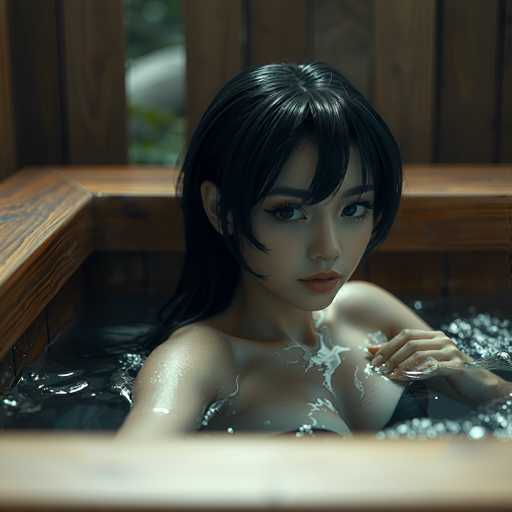 A beautiful anime-style woman with long black hair is relaxing in a wooden bath filled with bubbling water. She's positioned centrally, looking directly at the viewer with soft, expressive eyes. The focus is on her serene expression and the gentle play of light on the water's surface, creating a calm and intimate atmosphere.