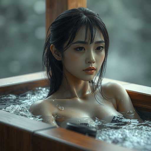 A young woman with long dark hair is sitting in a wooden bathtub filled with water and bubbles, wearing a black top that contrasts with the light wood of the tub.