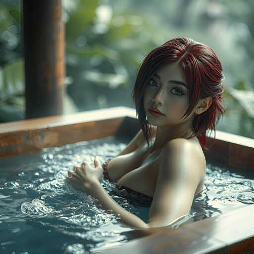 A woman with vibrant red hair is relaxing in a wooden bathtub filled with bubbling water. She's wearing a red bikini and looking directly at the viewer, her hands gently holding the sides of the tub. The art style is a blend of realistic and slightly stylized, with soft lighting emphasizing the water's movement.