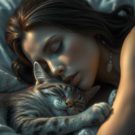 A serene, close-up image depicts a woman peacefully sleeping with a curled-up tabby cat nestled against her. Warm, soft lighting highlights their relaxed forms and the gentle texture of their fur. The art style is photorealistic, emphasizing a tender, intimate moment of comfort and tranquility.