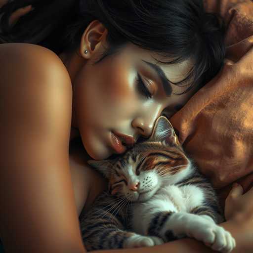 A woman with long dark hair is lying on her stomach and hugging a cat that has white fur and brown spots. The cat's eyes are closed as it rests its head on the woman's chest.