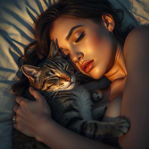 A woman peacefully sleeps, nestled in a warm embrace with a tabby cat on a soft bed. Golden sunlight bathes the scene, highlighting the woman's serene expression and the cat's relaxed posture. The close-up shot emphasizes intimacy and tranquility, with a soft, dreamy aesthetic typical of a portrait.