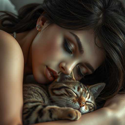 A woman with long brown hair is hugging a cat that has orange and black stripes on its back.