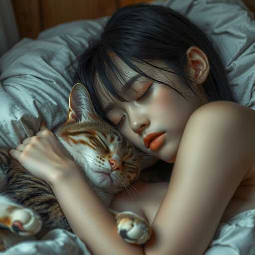 A young woman is lying on her stomach with a cat curled up next to her on the bed. The cat has brown and white fur and its head is resting on the woman's chest.