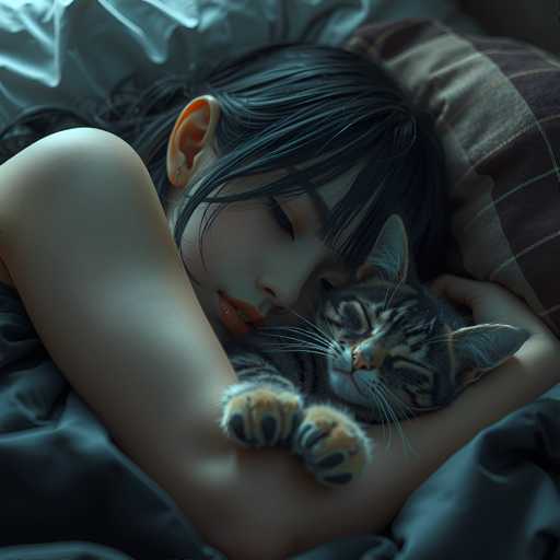 A woman is lying on her stomach with a cat curled up next to her on the bed. The cat has its paws resting on the woman's chest and both of them appear to be in a peaceful slumber.
